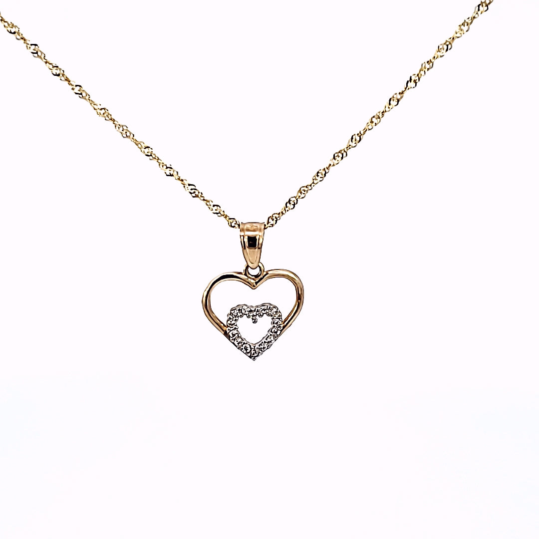 14K Solid Yellow Gold Cz Heart Pendant Charm with Singapore Chain