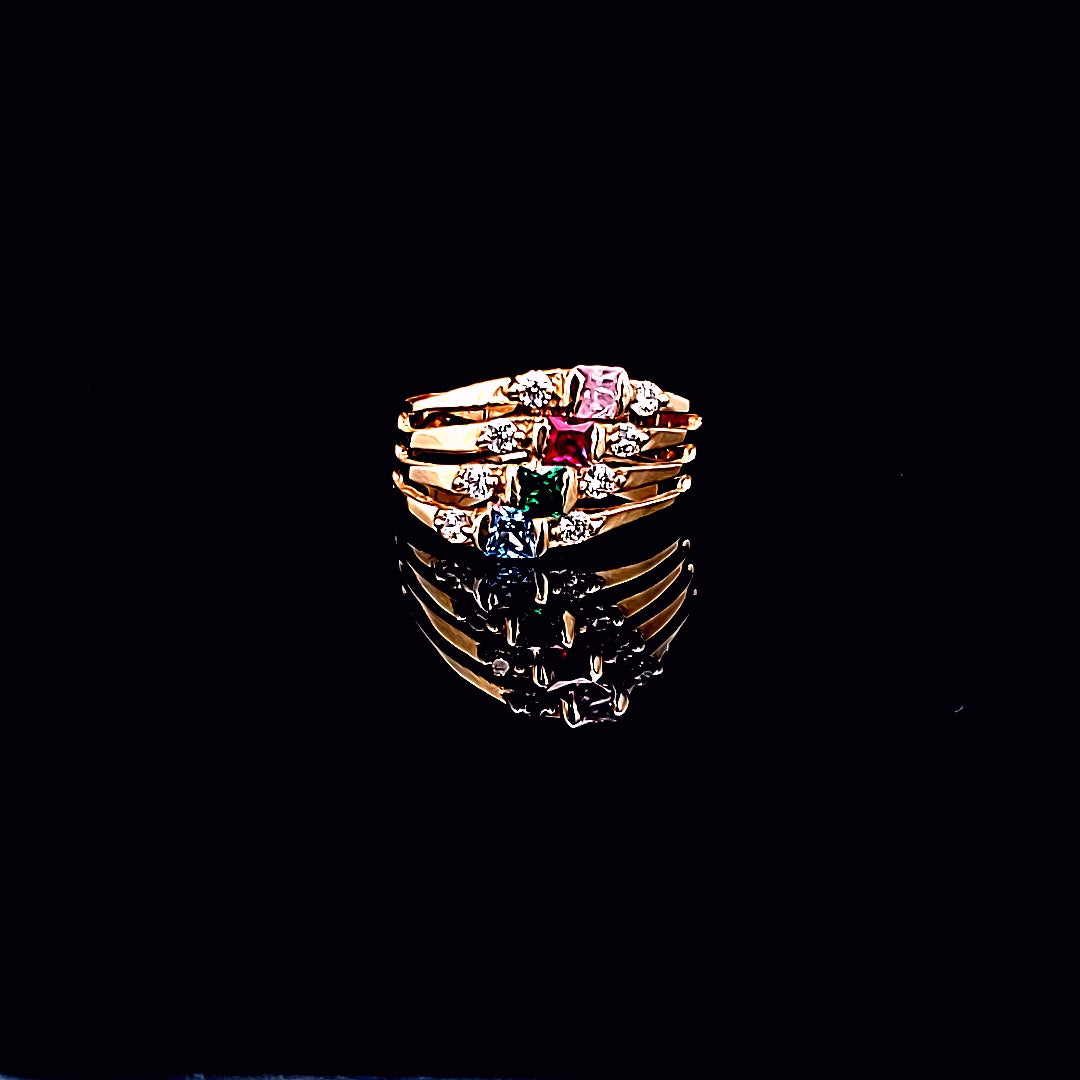 14K Solid Yellow Gold Step Cz Ring with Colors