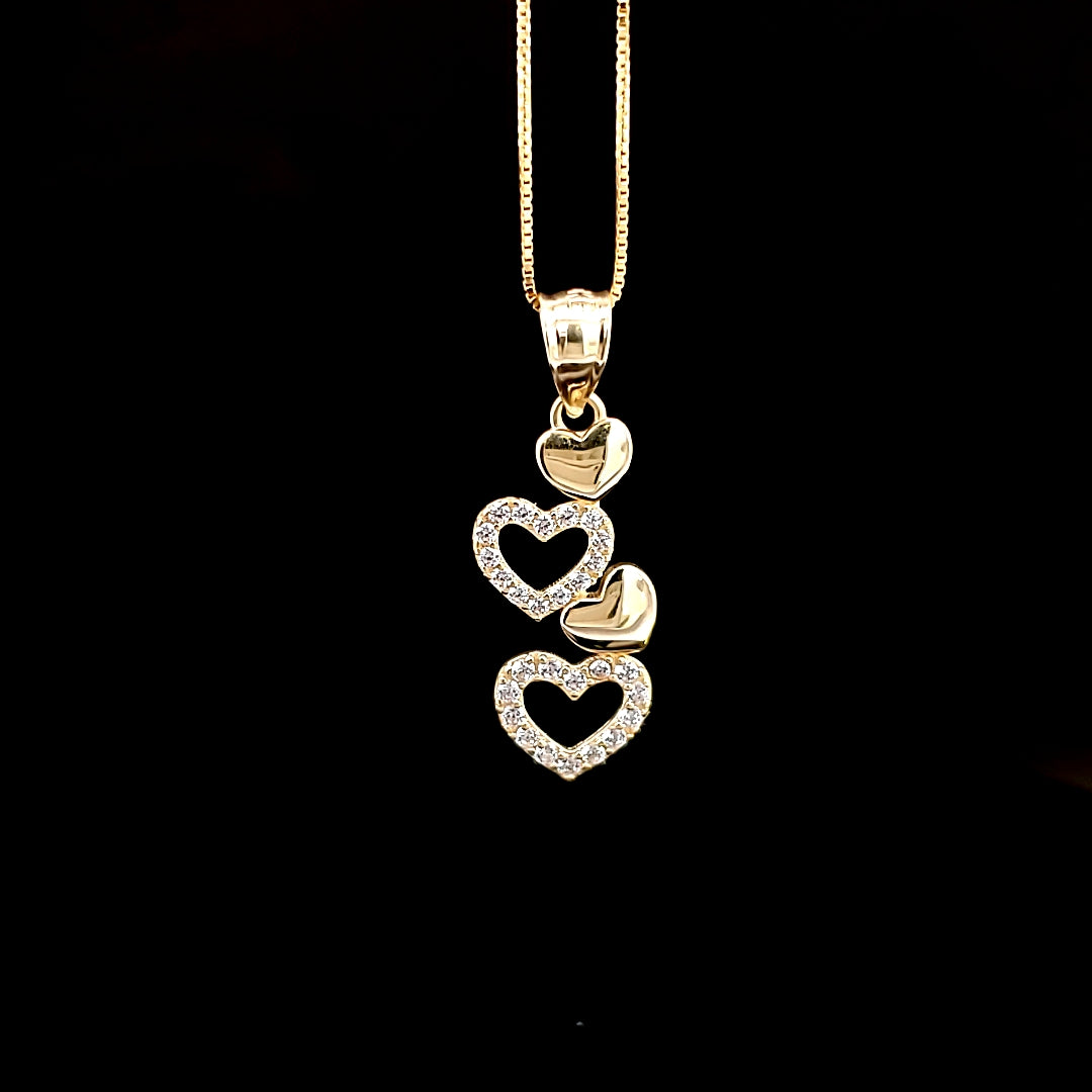 10K Solid Real Yellow Gold Cz 4 Heart Pendant Charm with Box Chain