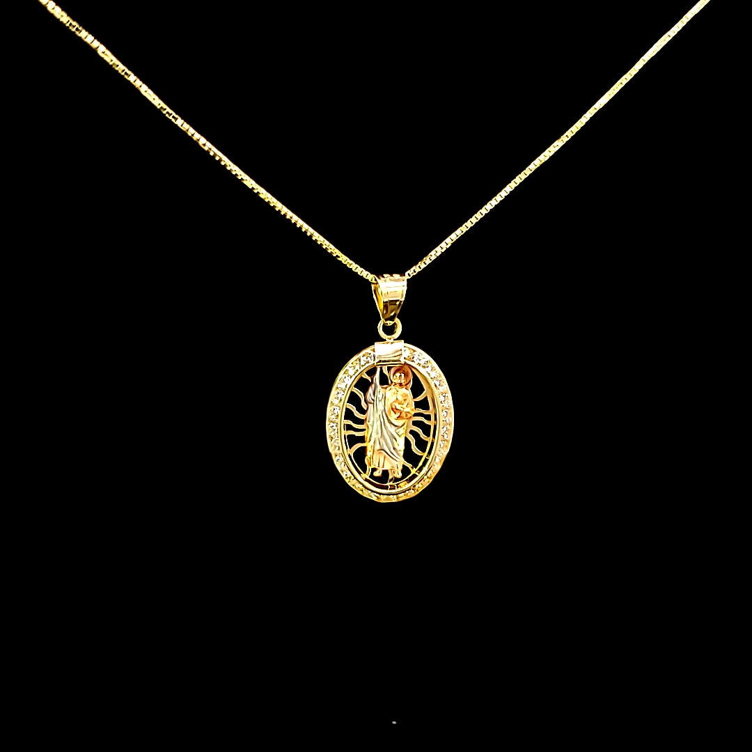 10K Solid Real Yellow Gold Cz Saint Jude Pendant Charm with Box Chain