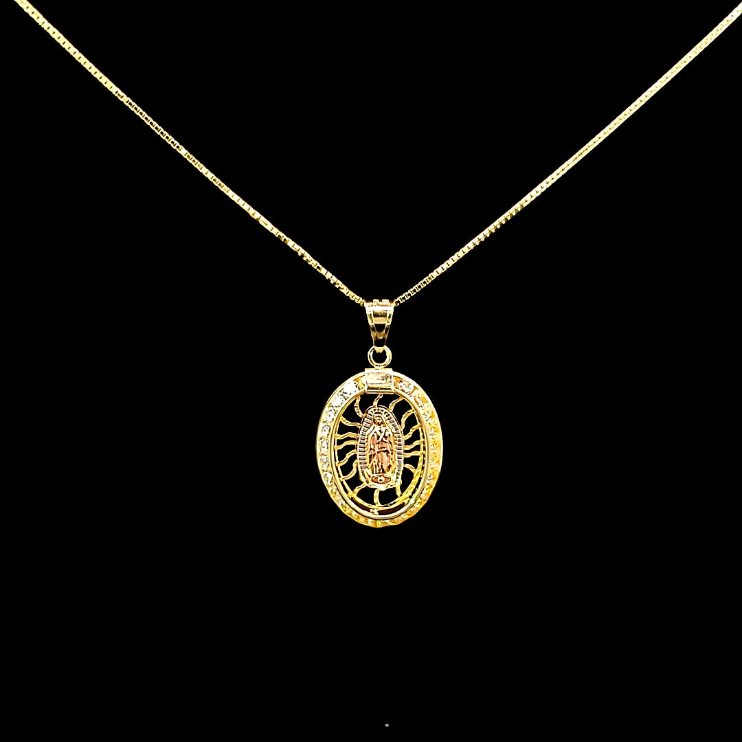 10K Solid Real Yellow Gold Cz Mother Mary Pendant Charm with Box Chain