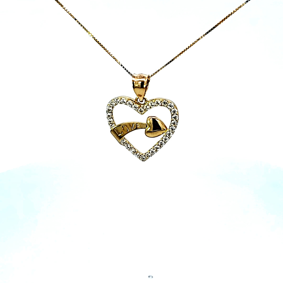 10K Solid Yellow Gold Cz Heart Love Pendant Charm with Box Chain