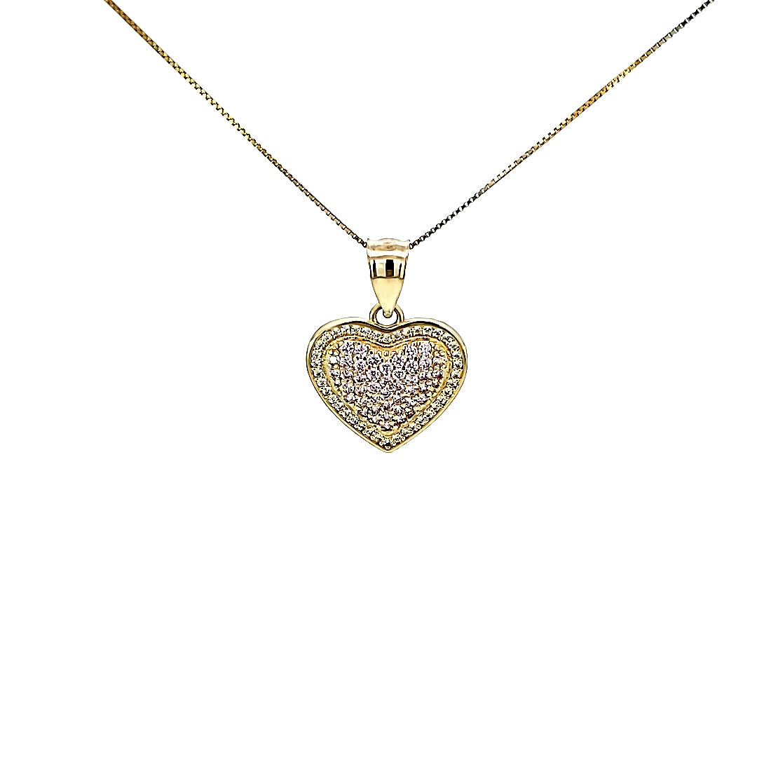 10K Solid Yellow Gold Cz Heart Pendant Charm with Box Chain