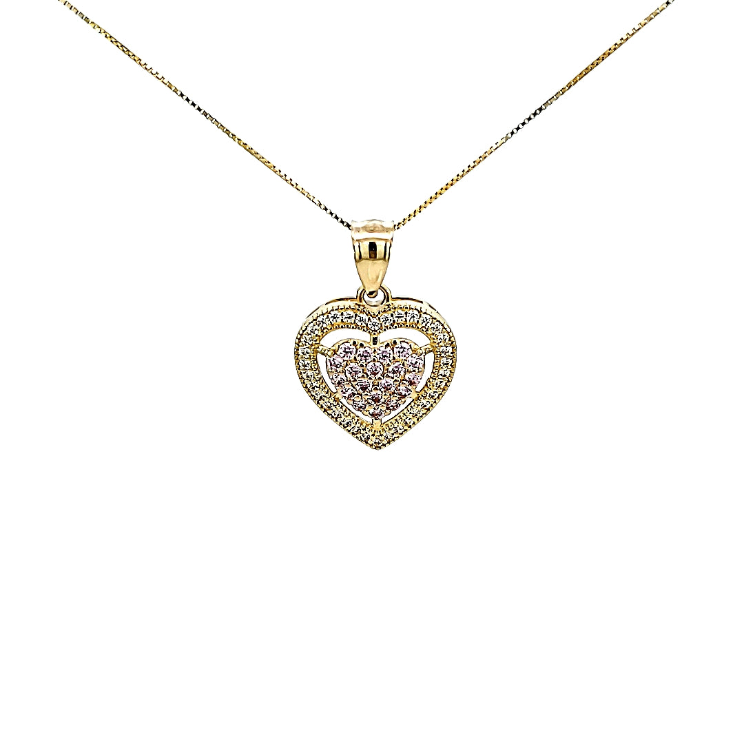 10K Solid Yellow Gold Double CZ Heart Pendant Charm with Box Chain