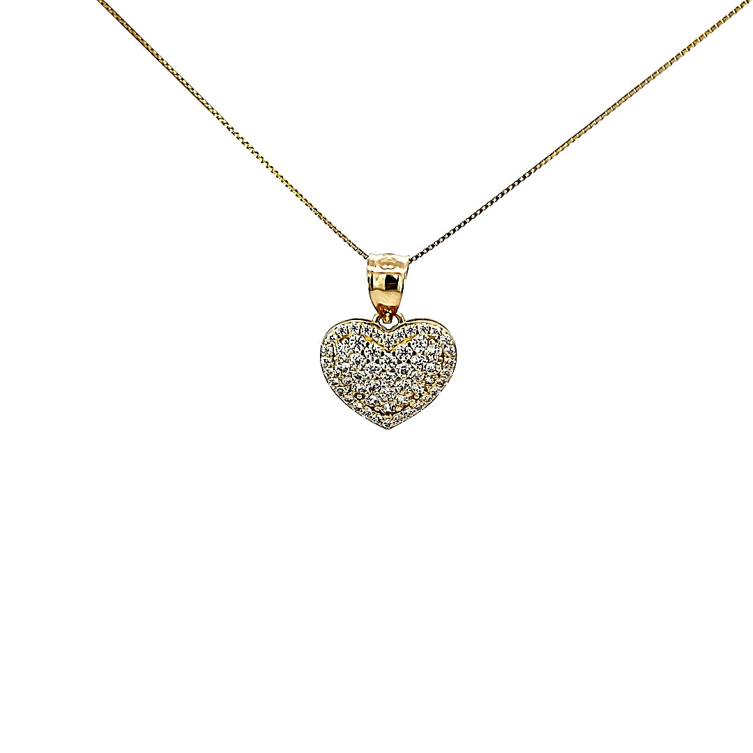 10K Solid Yellow Gold CZ Heart Puffed Pendant Charm with Box Chain