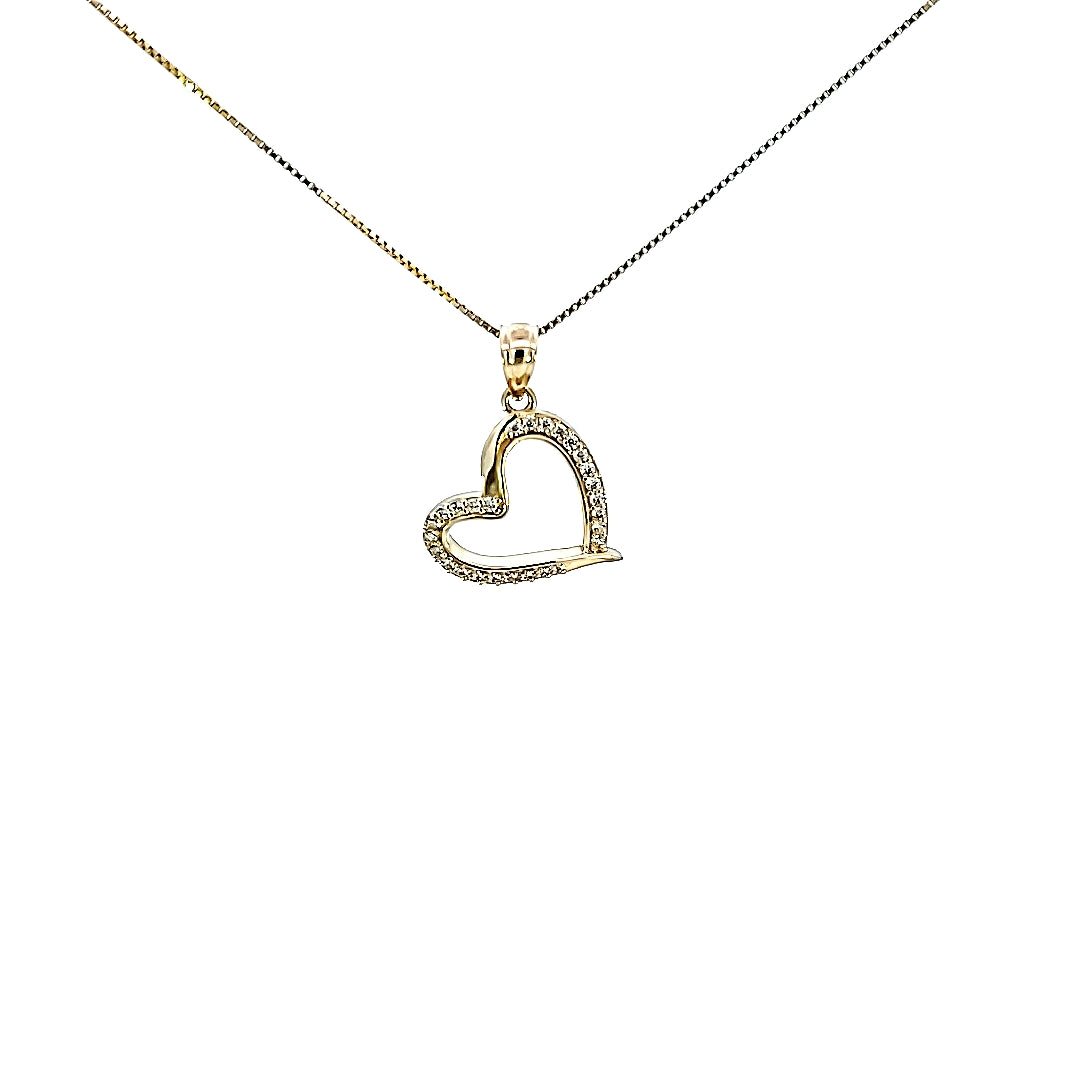 10K Solid Yellow Gold Cz Hanging Heart Pendant Charm with Box Chain