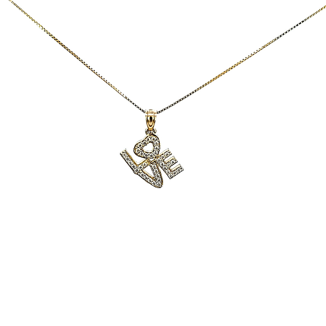 10K Solid Yellow Gold Cz Love Pendant Charm with Box Chain