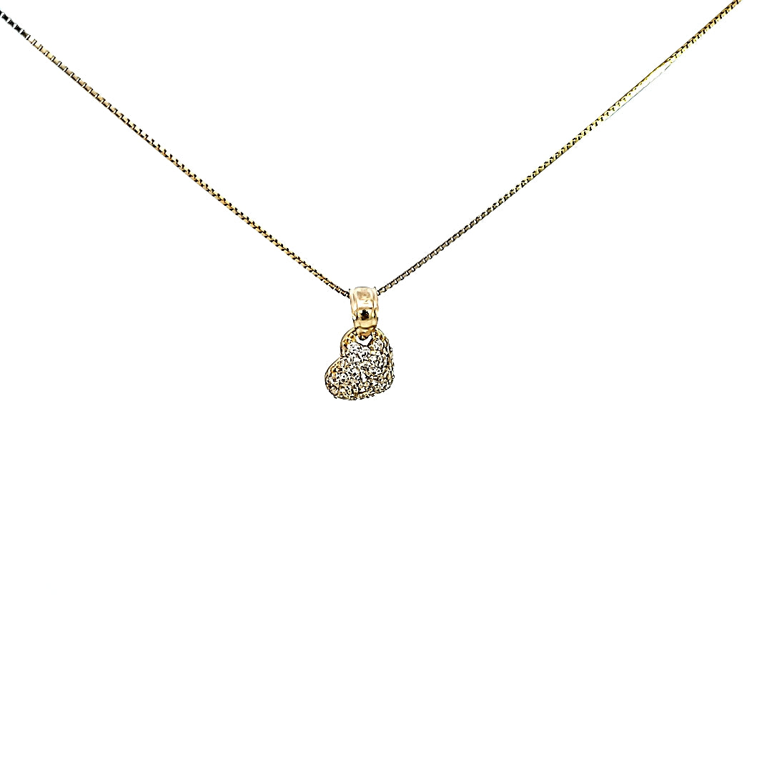 10K Solid Yellow Gold Cz Small Hanging Heart Charm with Box Chain