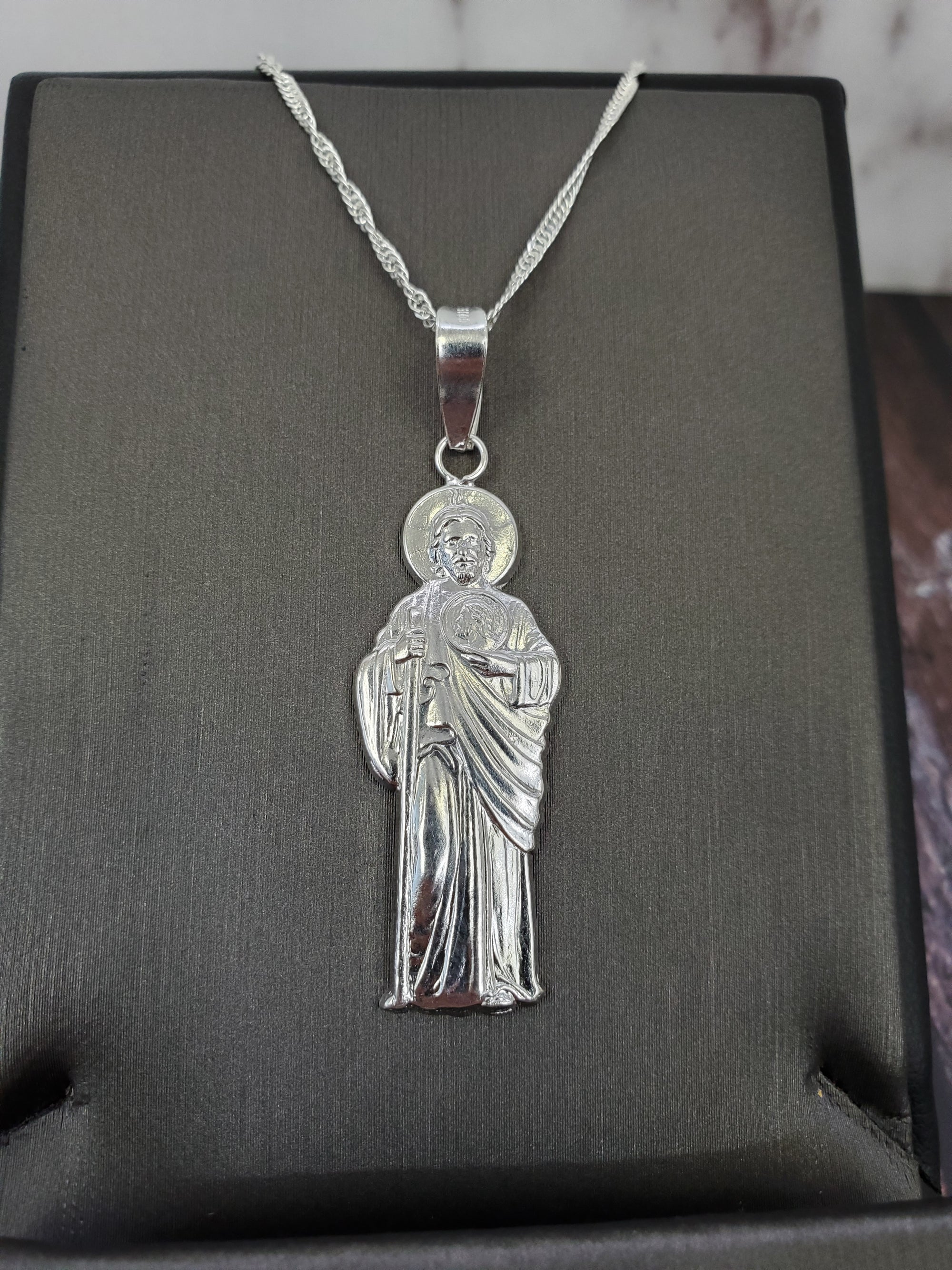 925 Sterling Silver Saint Jude Pendant Charm with Singapore Chain (Made in Italy)