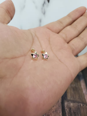 10K Solid Yellow Gold Star with Rose Gold Cz Earrings for Girls womens