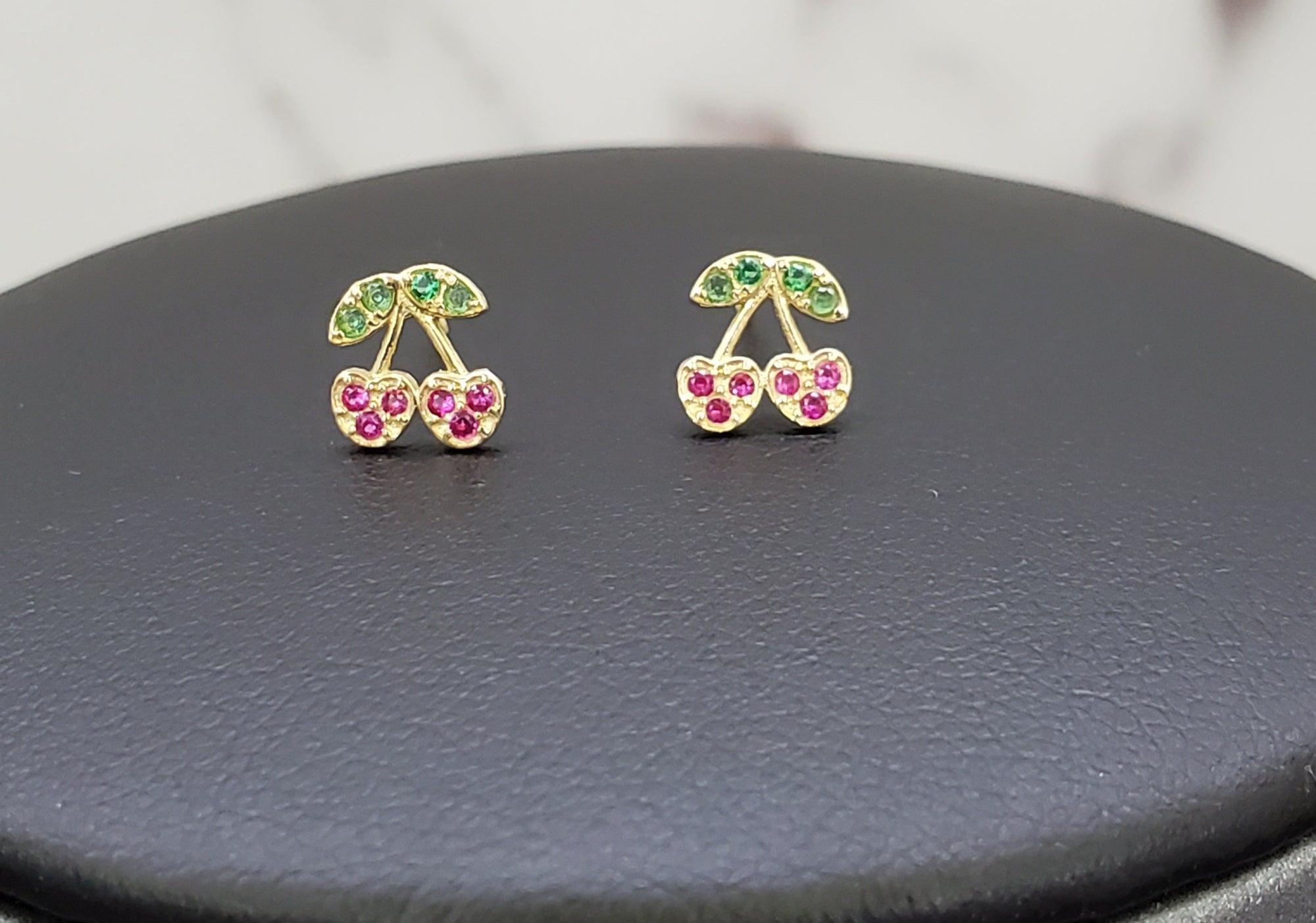 10K Solid Yellow Gold & Ruby Cherry Earrings for Girls Womens