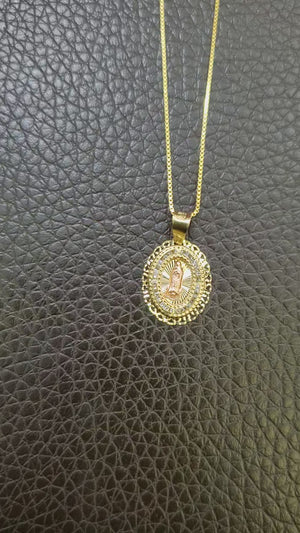 10K Solid Real Yellow Gold Mother Mary Cz Pendant Charm with Box Chain