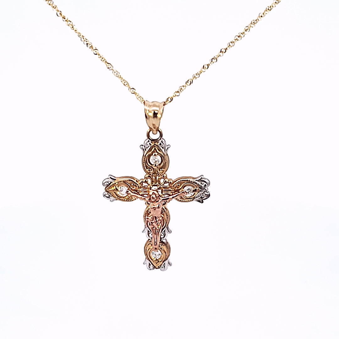 10K Solid Tri Color Rose, White & Yellow Gold Cz Jesus Cross Pendant Charm with Singapore Chain