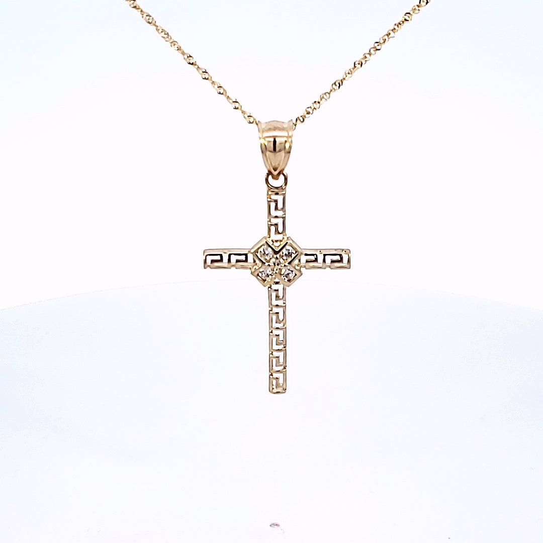 10K Solid Yellow Gold Cz Cross Greek Style Pendant Charm with Singapore Chain