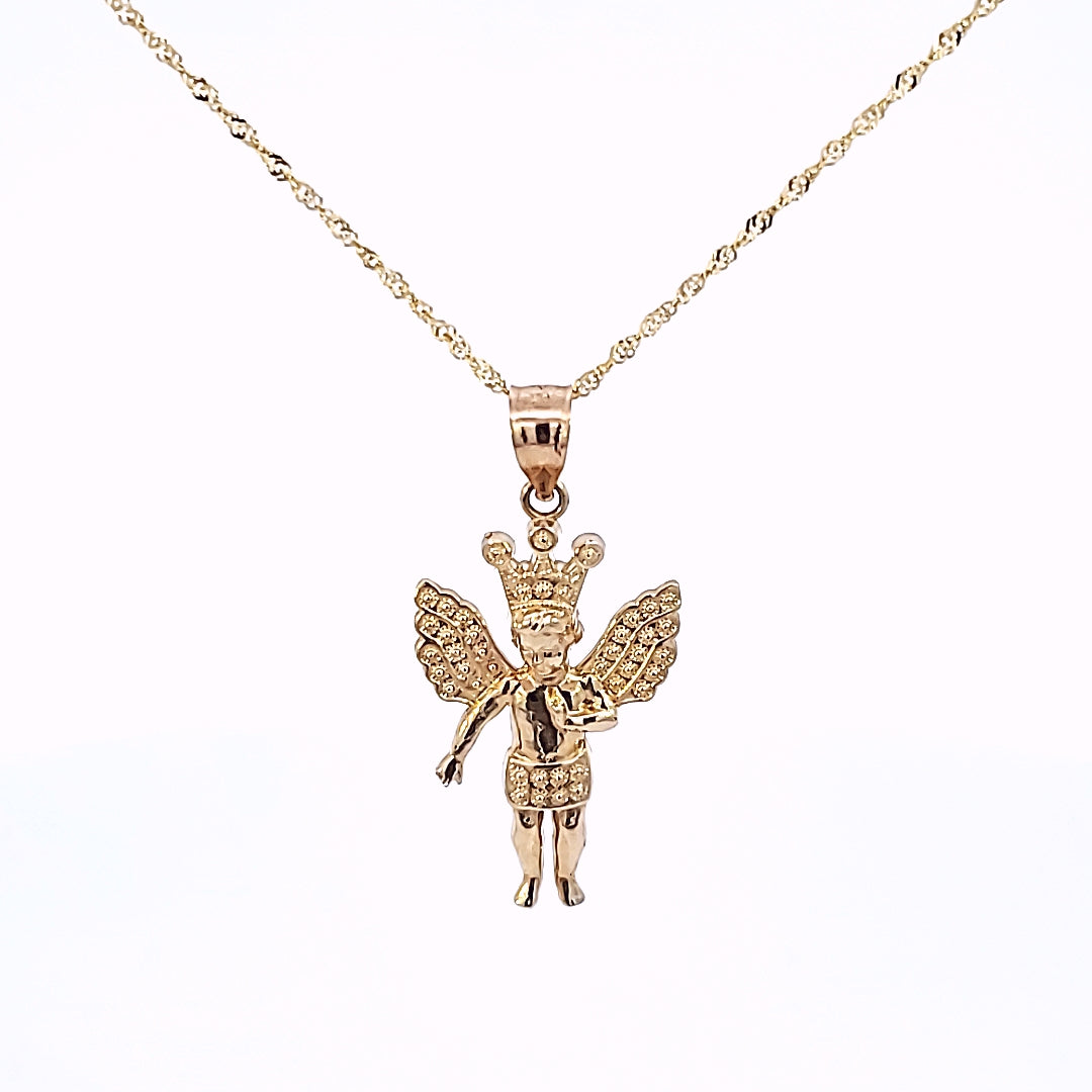 10K Solid Yellow Gold Angel Pendant Charm with Singapore Chain