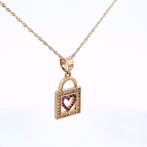 10K Solid Yellow Gold Cz Heart Lock Pendant Charm with Singapore Chain