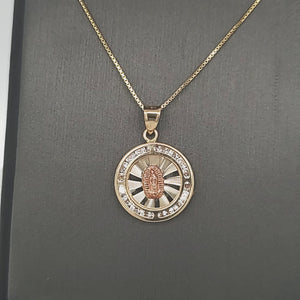 14K Solid Real Yellow & Rose Gold Mother Mary Round CZ Pendant with Box Chain